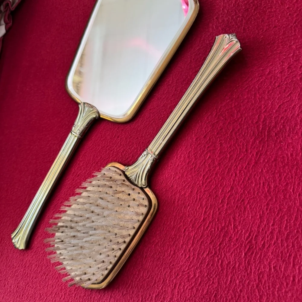 Vintage Hand Mirror & Brush Vanity Set, Art Deco Noveau Pearlescent Floral